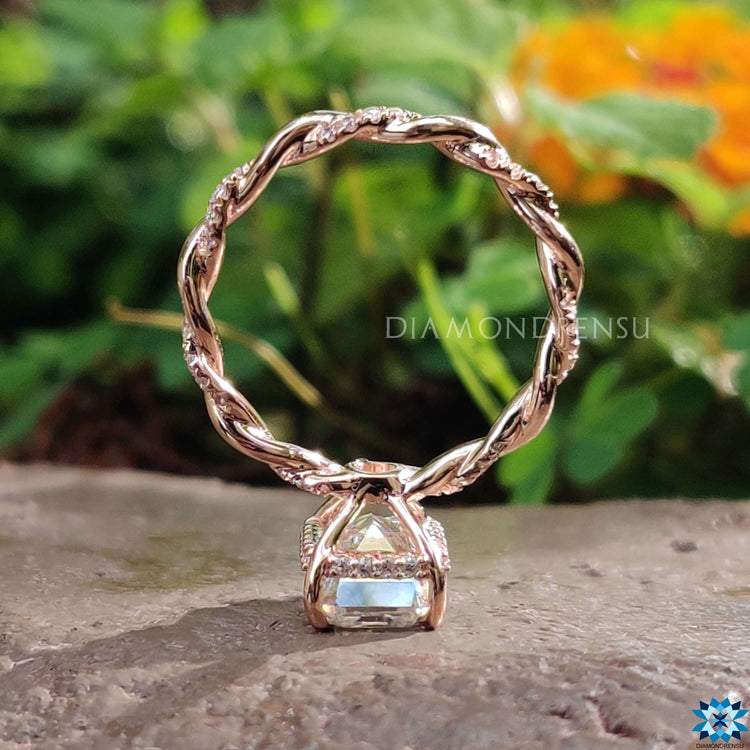 Handmade rose gold ring with under halo moissanite.