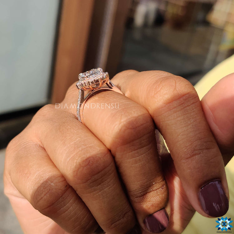 Radiant cut moissanite ring in a prong setting.