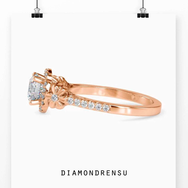 Lab grown diamond ring with round cut flower arrangement.