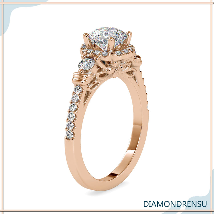 Custom engagement ring with floral tulip and four prongs.