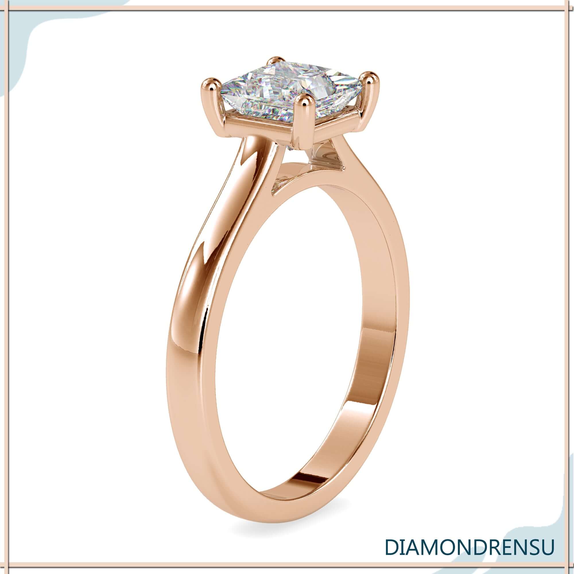 Princess solitaire lab diamond ring in yellow, rose, or white gold.