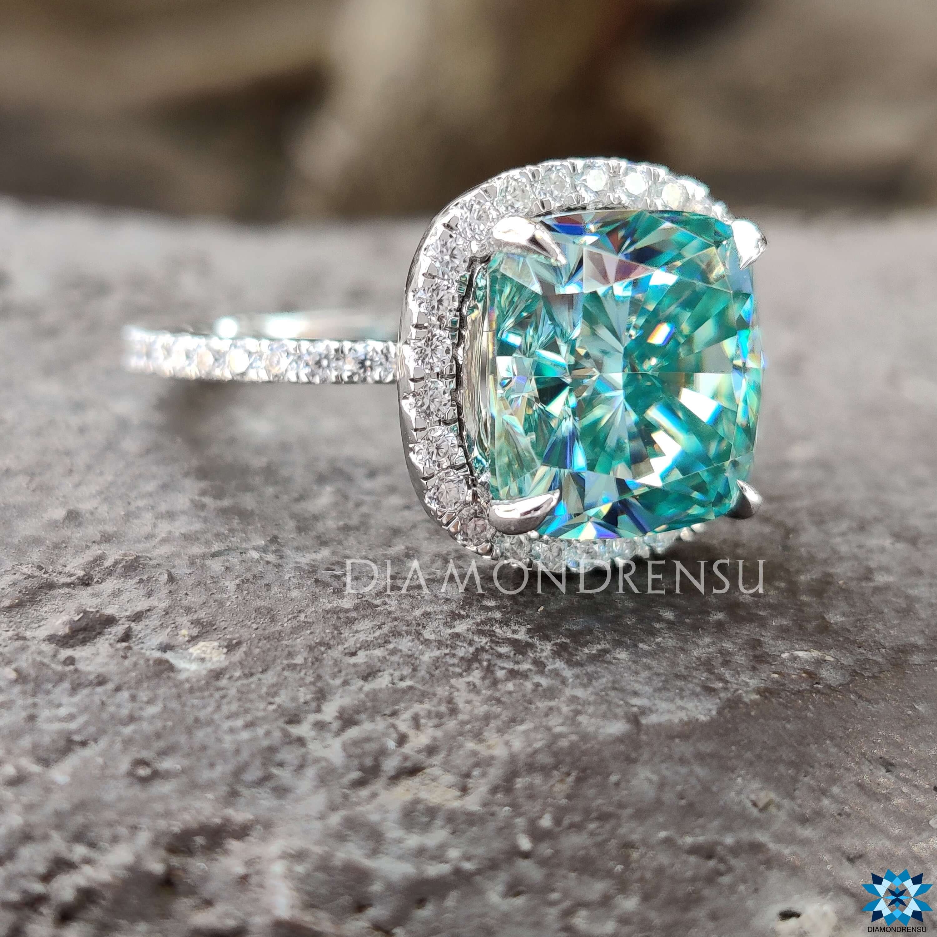 Diamondrensu UK engagement ring with handmade cushion cut moissanite and round pave band.