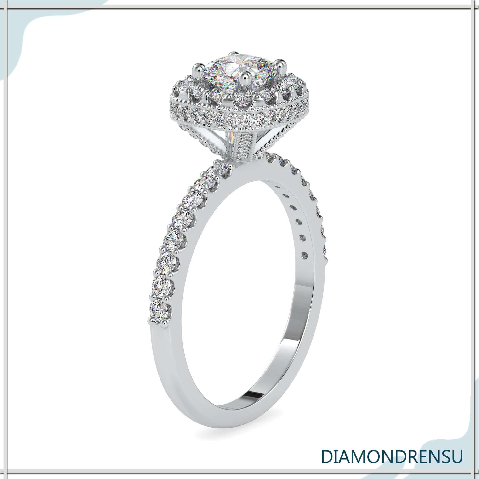 UK engagement ring in rose gold with hidden halo design.