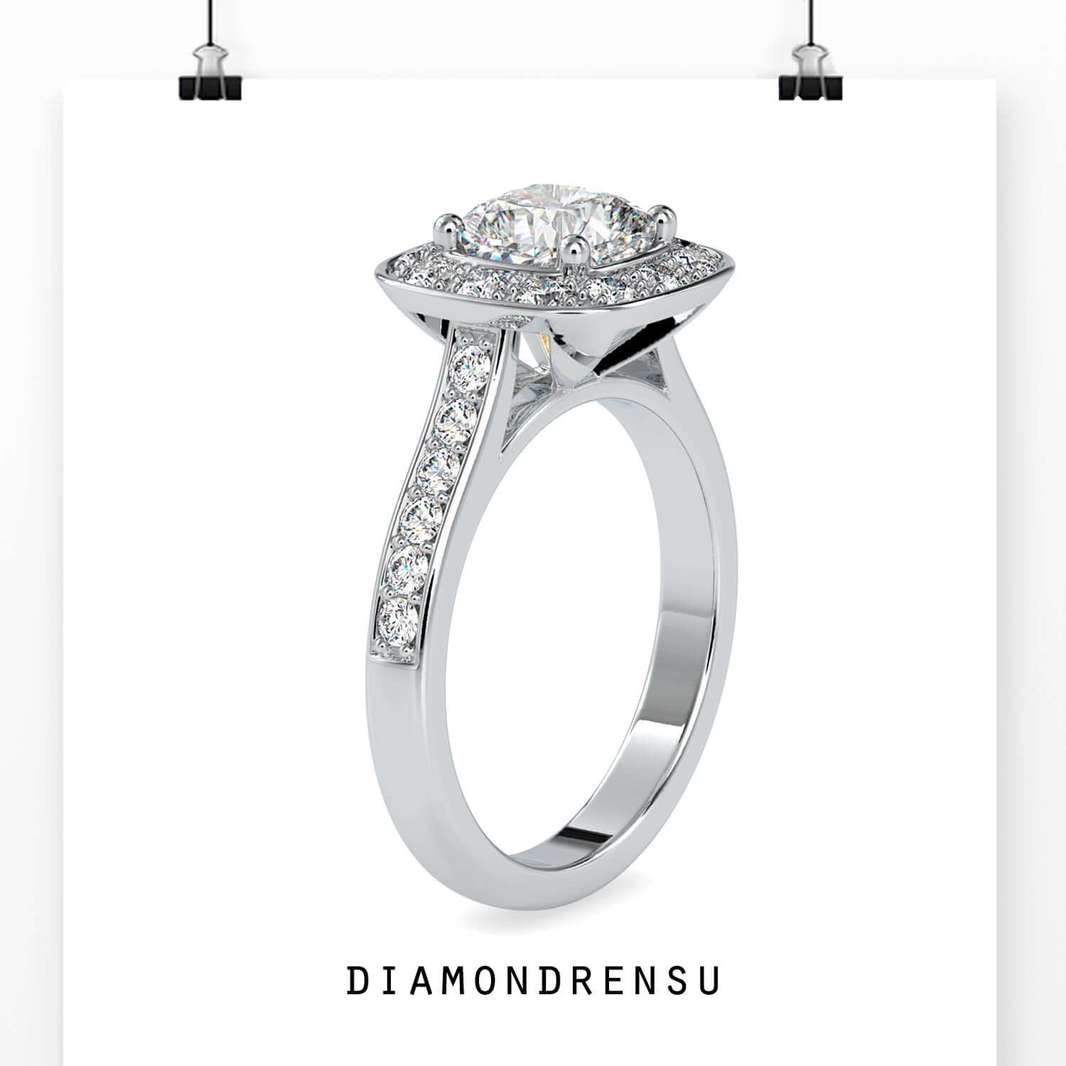 Custom design ring featuring cushion halo in rose gold finish.