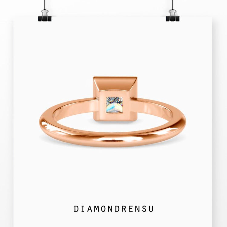 IGI certified solitaire diamond ring with bezel mount in rose gold.