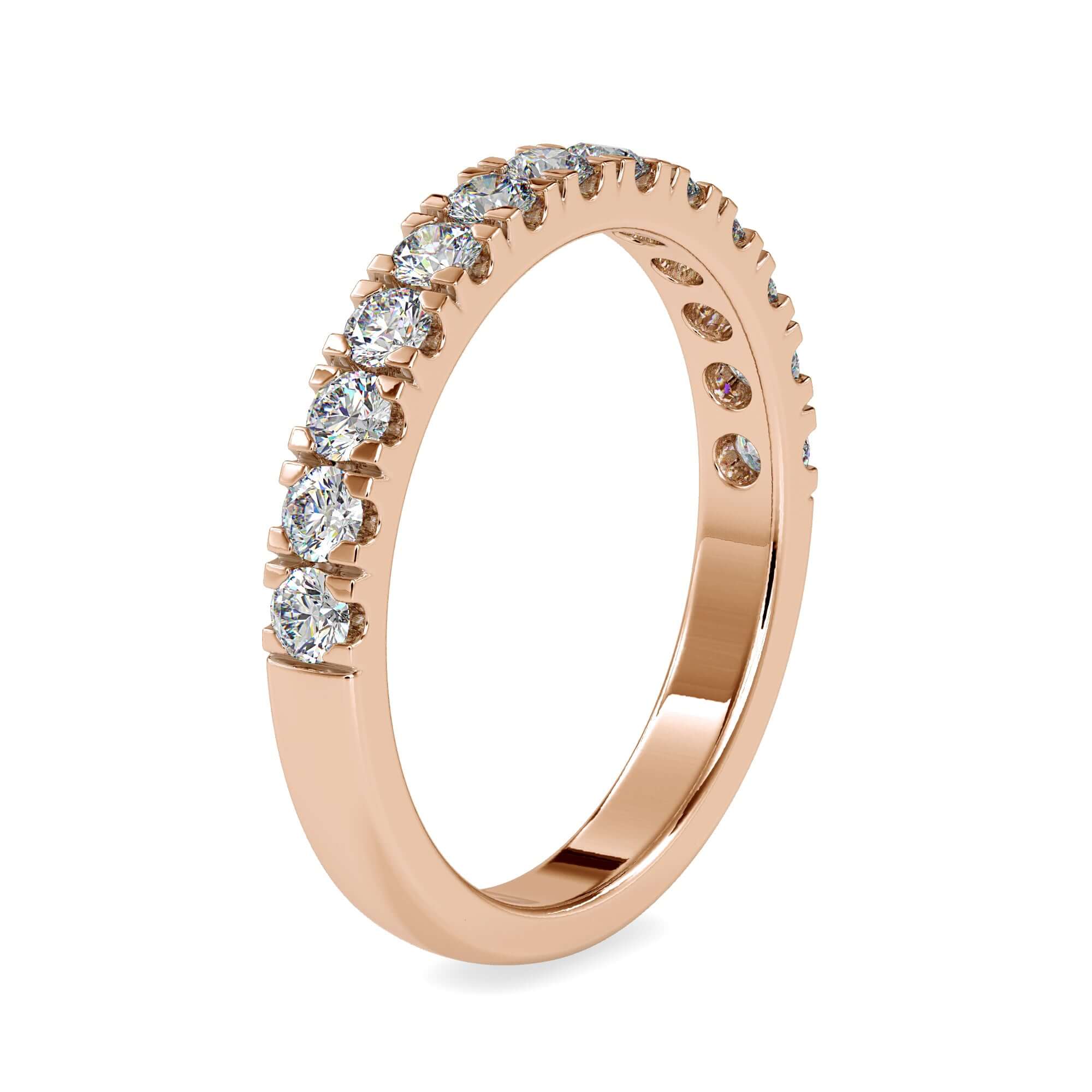 Prong set wedding band made with lab grown diamonds.