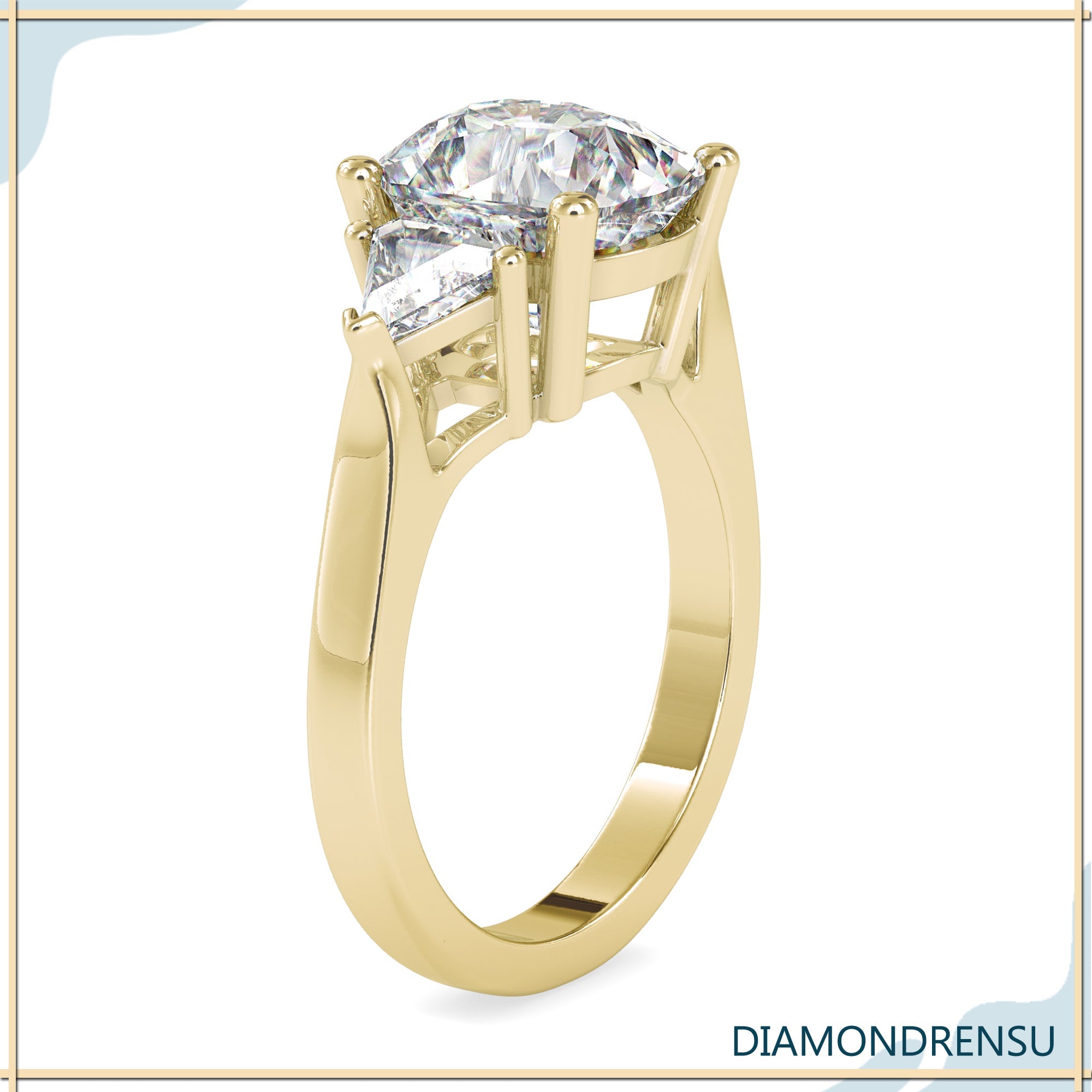 White gold ring featuring cushion cut lab diamond and two kite stones.