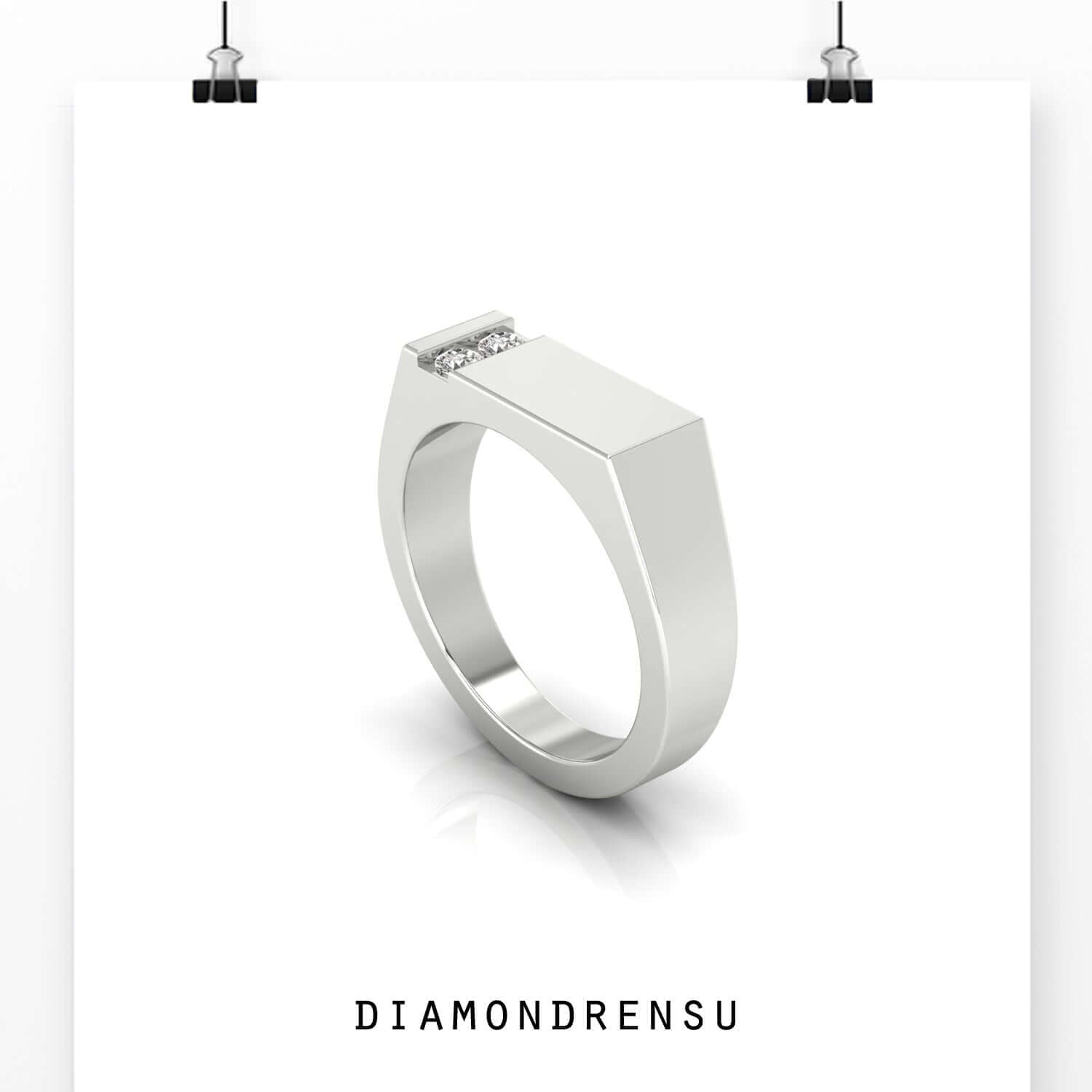 Two round diamonds set in lab diamond men's wedding band.