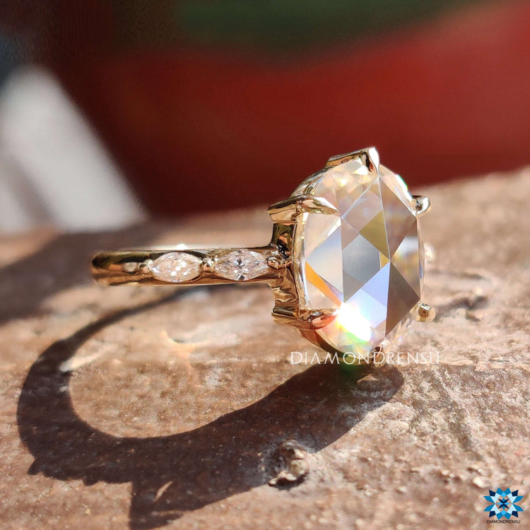 Rose cut moissanite ring with bubble pave band detail.