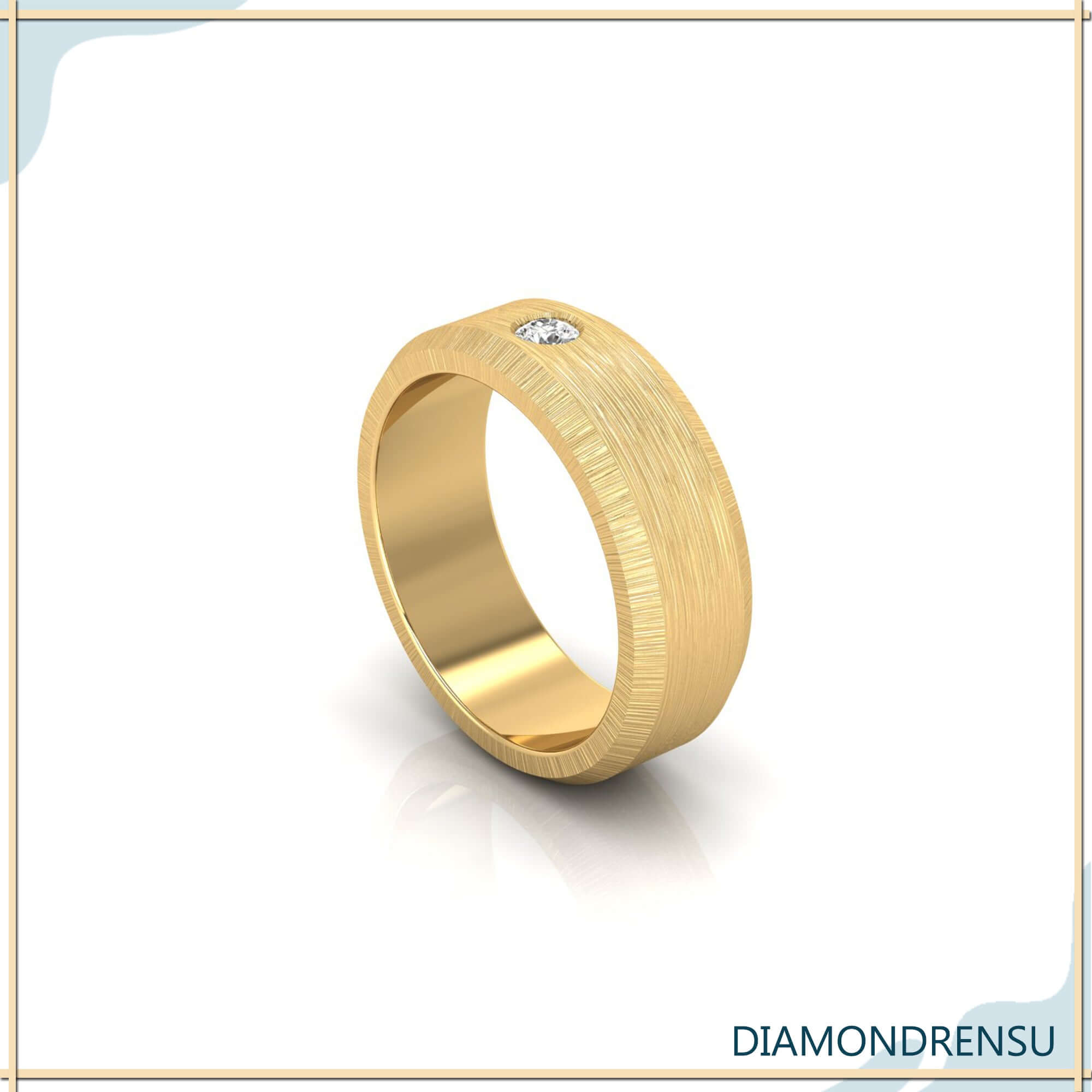 Mens gold wedding band diamond in rose gold with flush setting.
