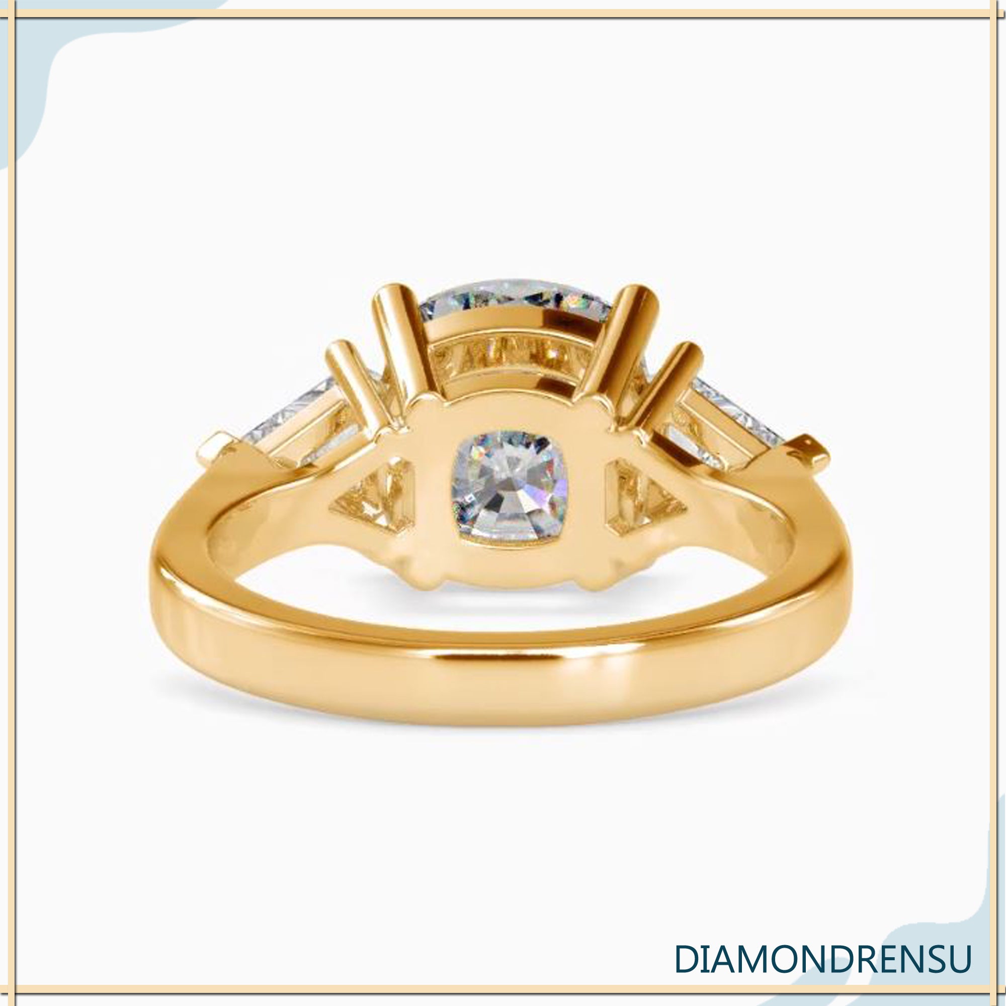 Handmade ring with cushion cut lab diamond and kite side stones.