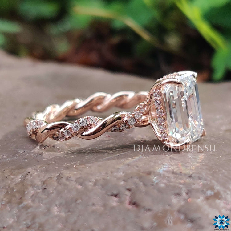 Under halo moissanite ring with 4 claw prong setting.