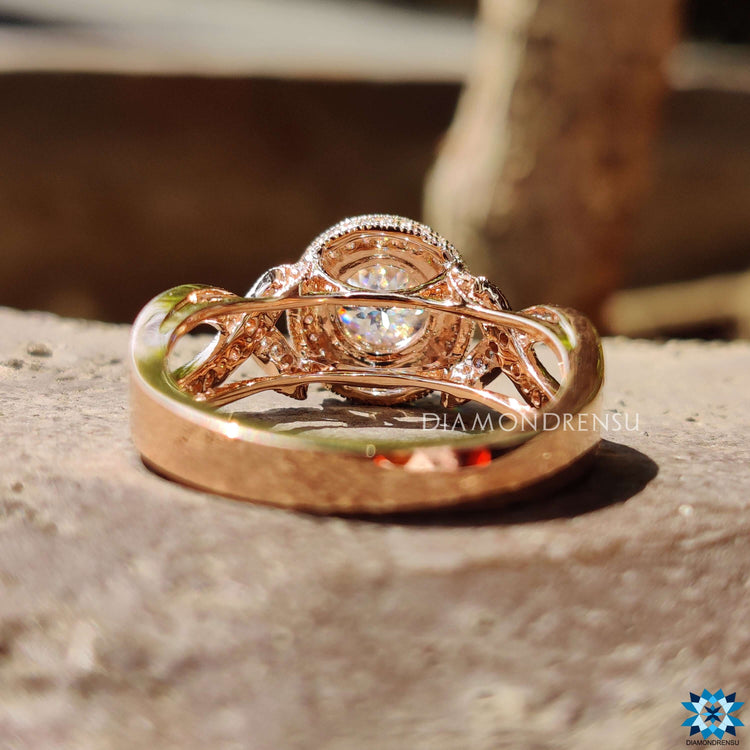 Custom engagement ring with milgrain halo and split shank.