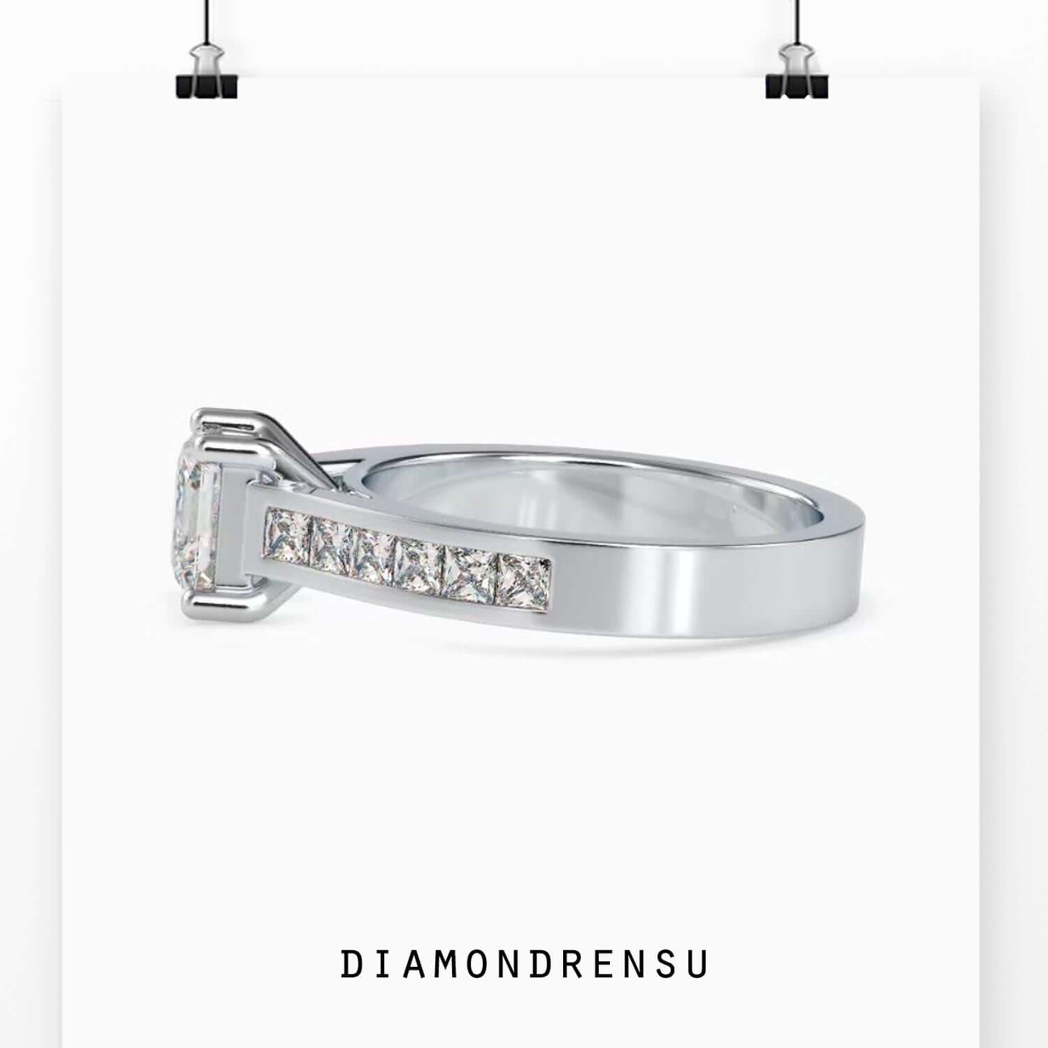 Cathedral setting ring with princess cut lab grown diamond.