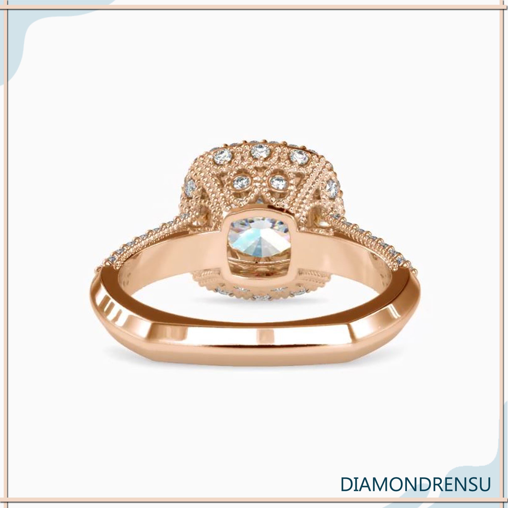 Round cut halo ring with handmade euro shank design.