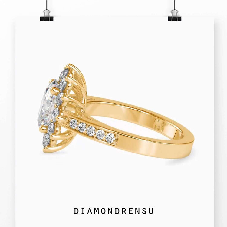 White gold diamond ring with channel setting ring and customisable halo design.