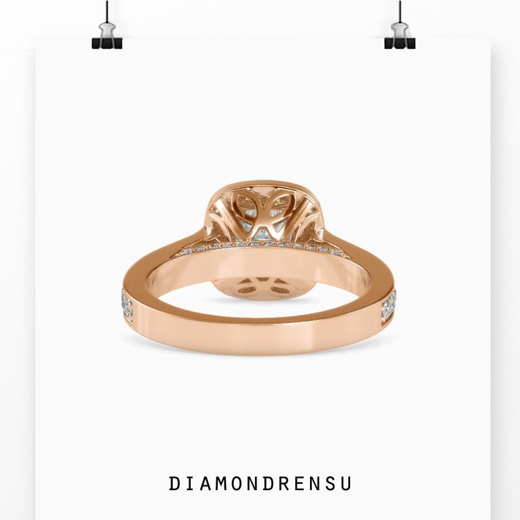 Buy diamond ring with custom round halo and side details.