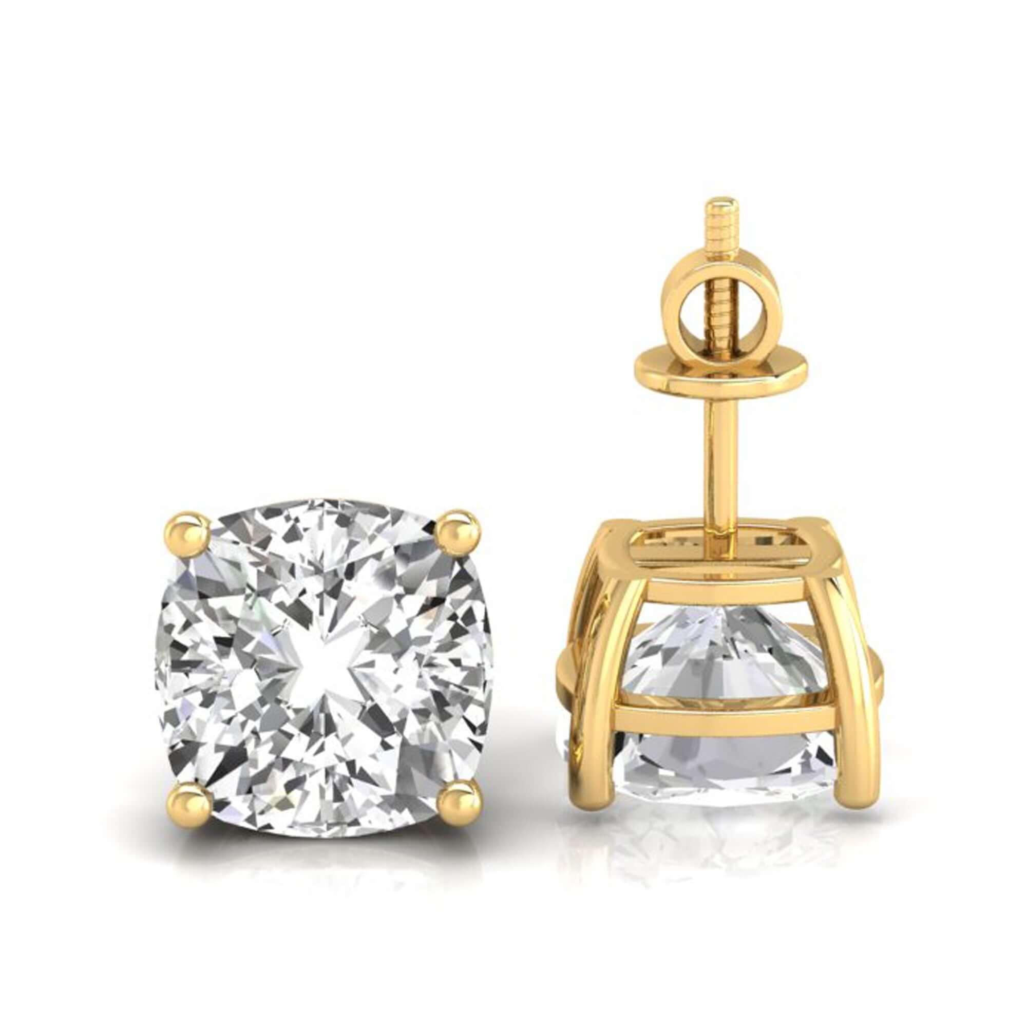 Diamond stud earrings made in cushion cut shape.