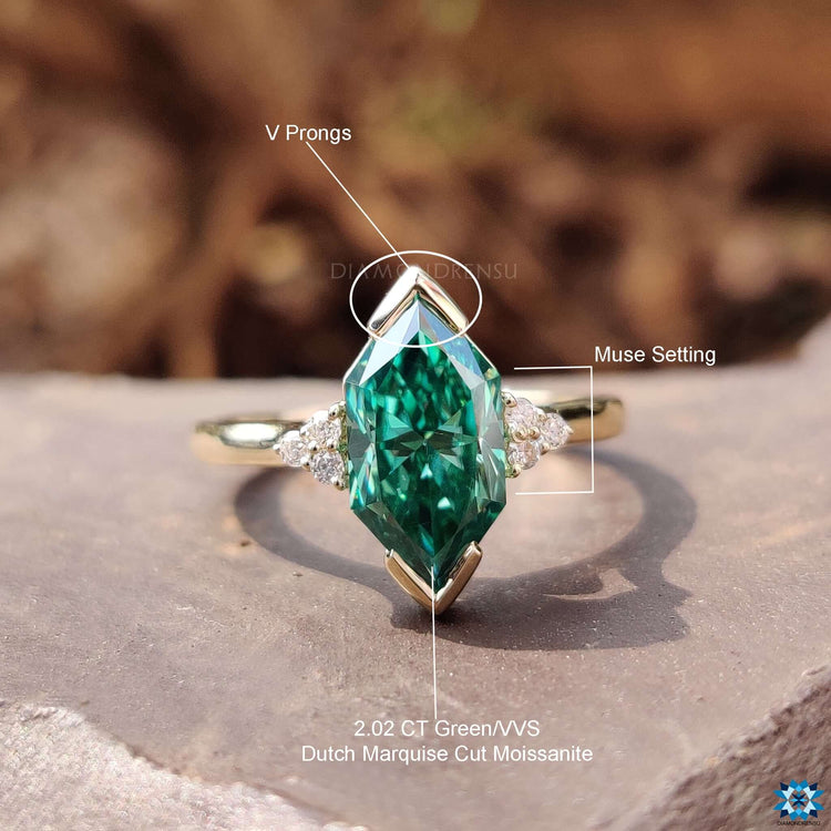 V prong marquise ring with handmade infinity shank details.