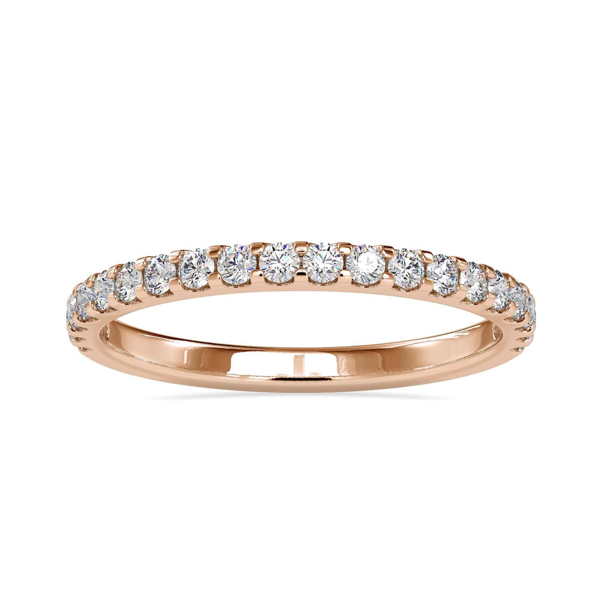 Round cut lab diamond band with minimalist white gold setting.