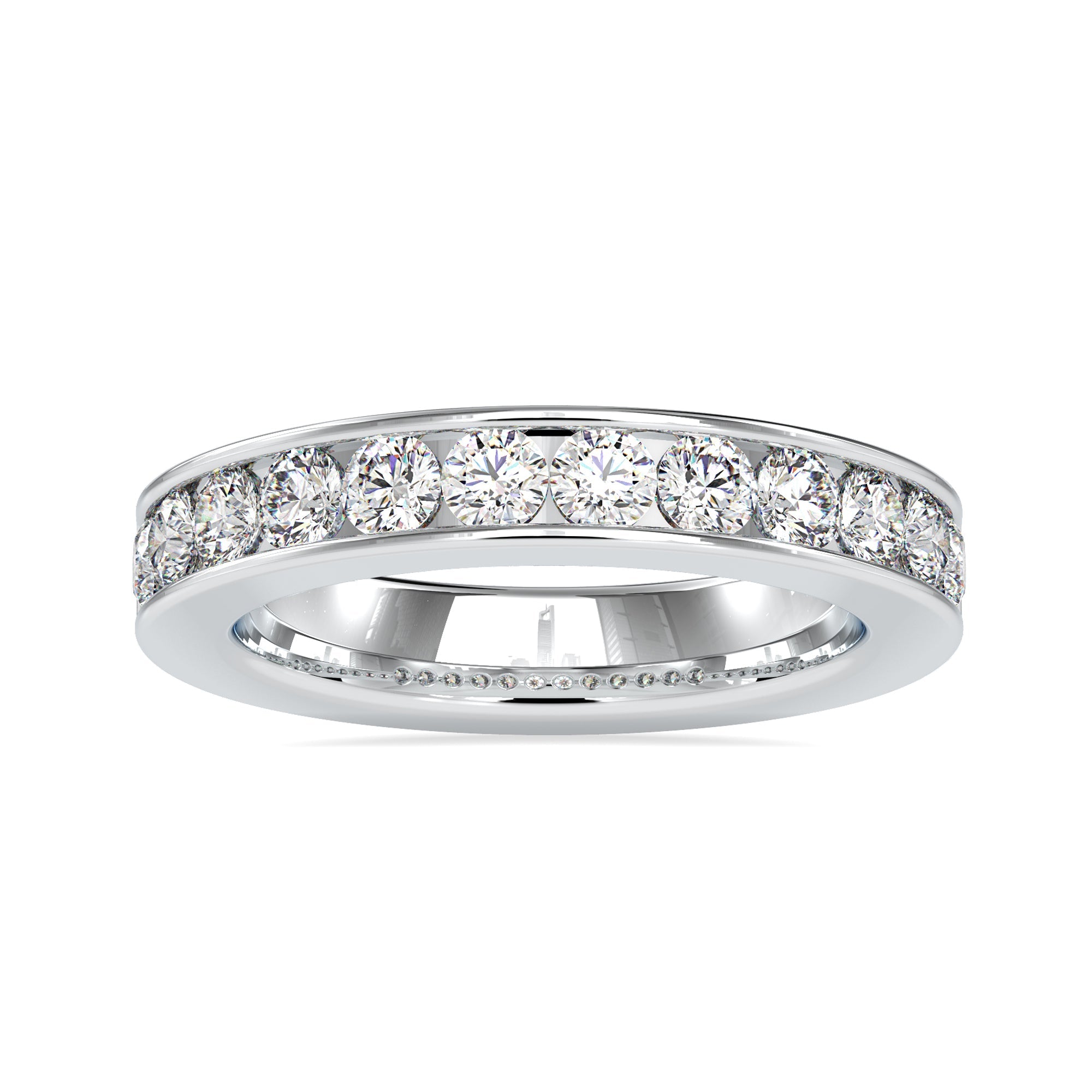 Channel set rose gold wedding band with lab diamonds.