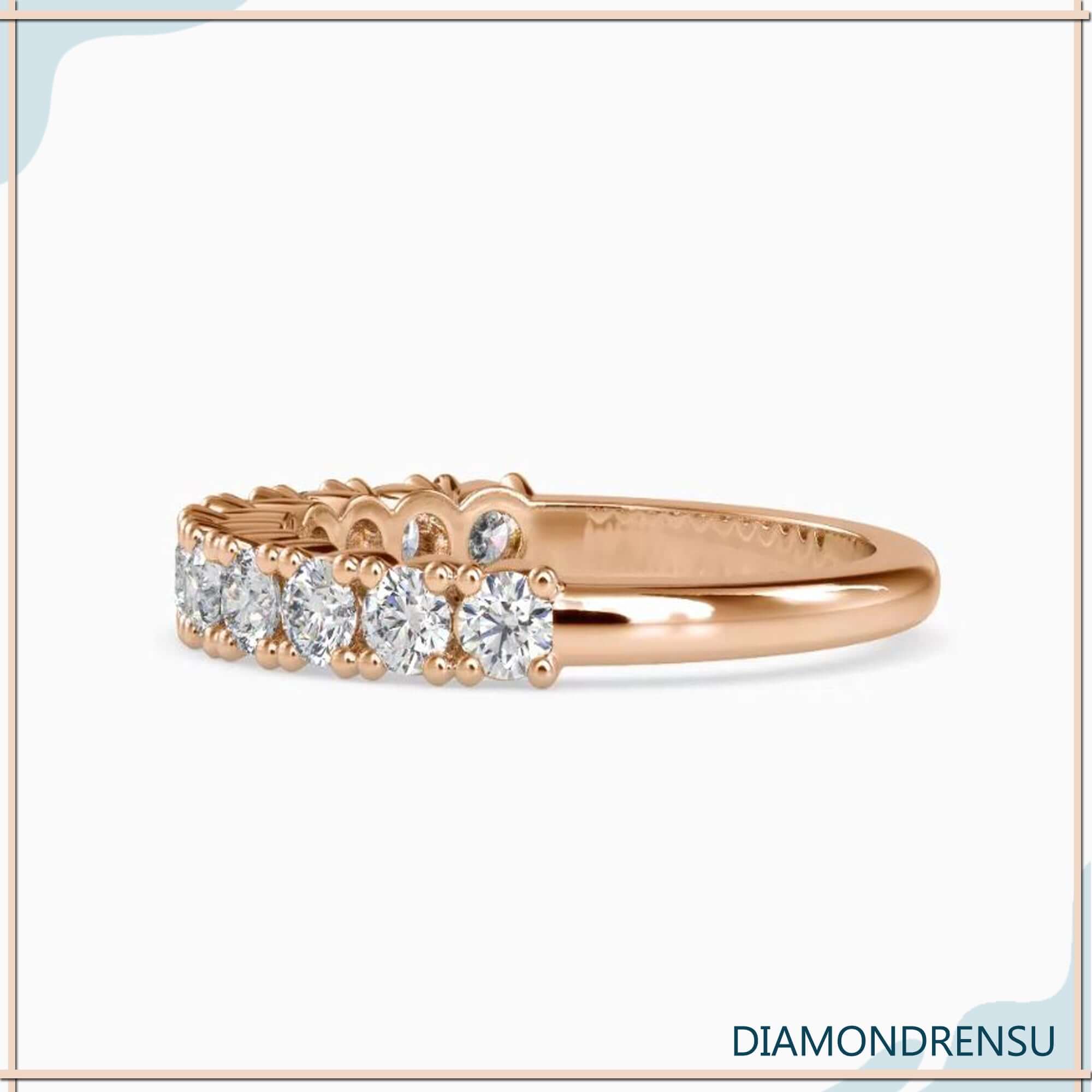 Round diamond band in rose gold for UK weddings.