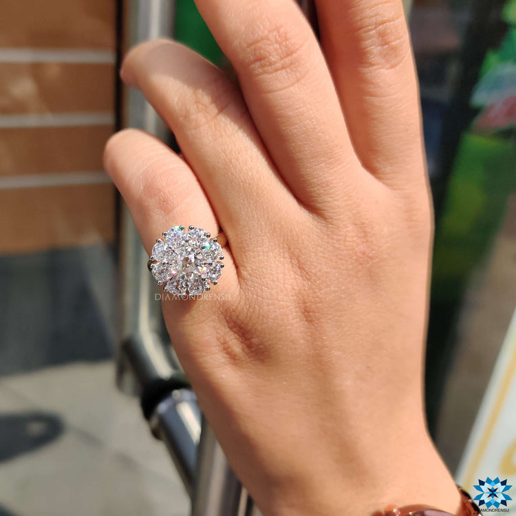 Diamondrensu UK ring with round moissanite and cluster halo.