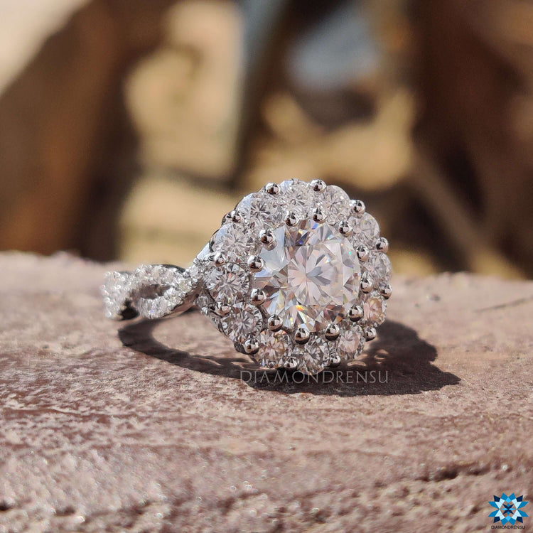 Twisted pave ring with sparkling moissanite.