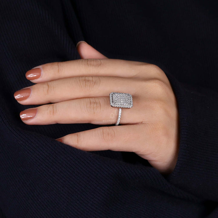 Pave diamond ring featuring a halo ring setting and radiant engagement ring with halo design for a modern look.