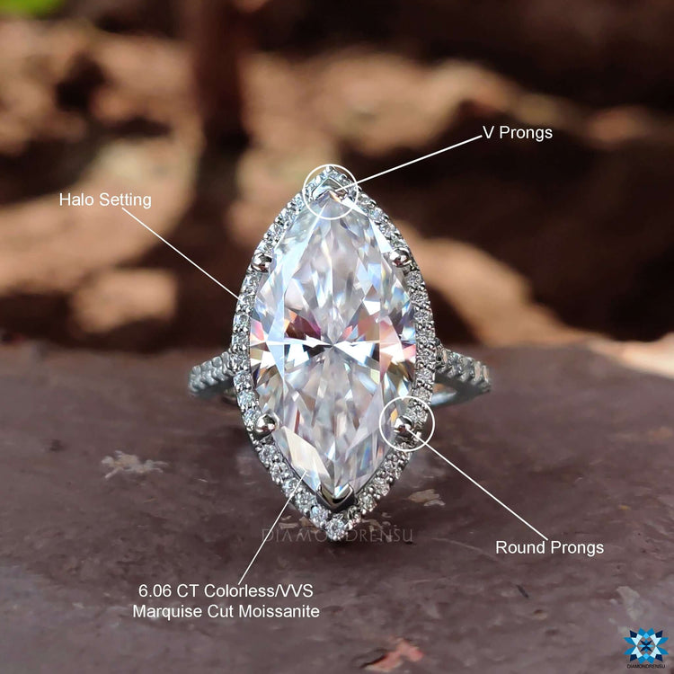 Custom engagement ring with marquise halo design.