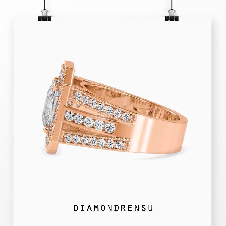 Buy diamond ring with split pave band and cushion halo design.