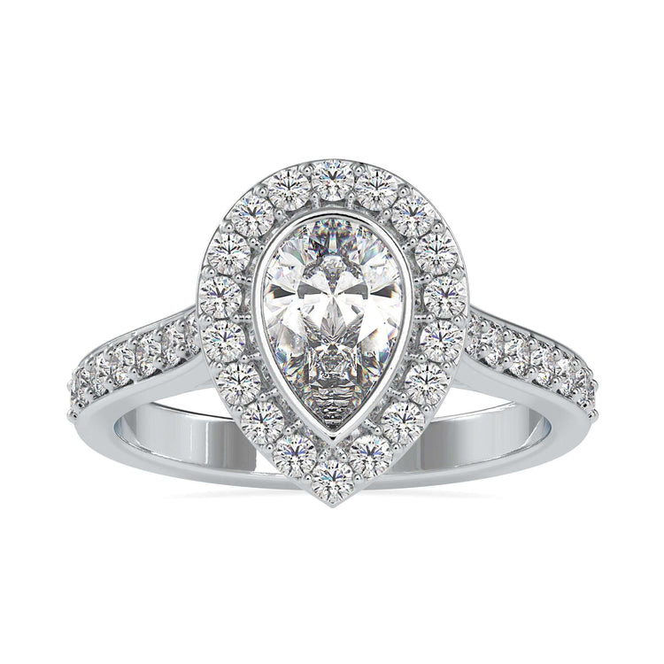 Buy diamond ring with pear cut centre and round halo.