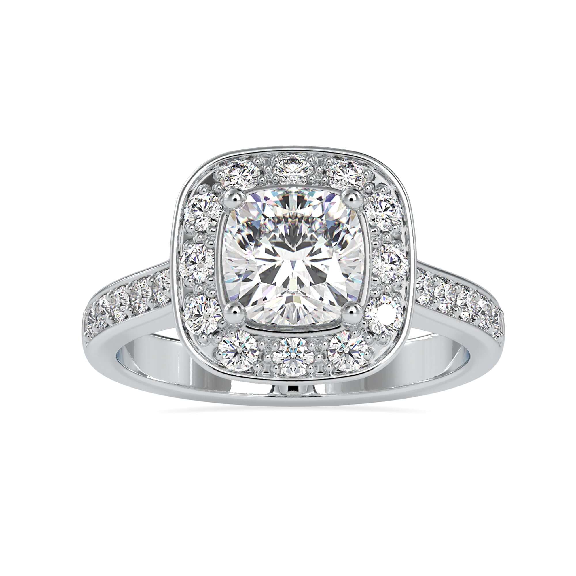 White gold cushion cut engagement ring with halo and pave setting.