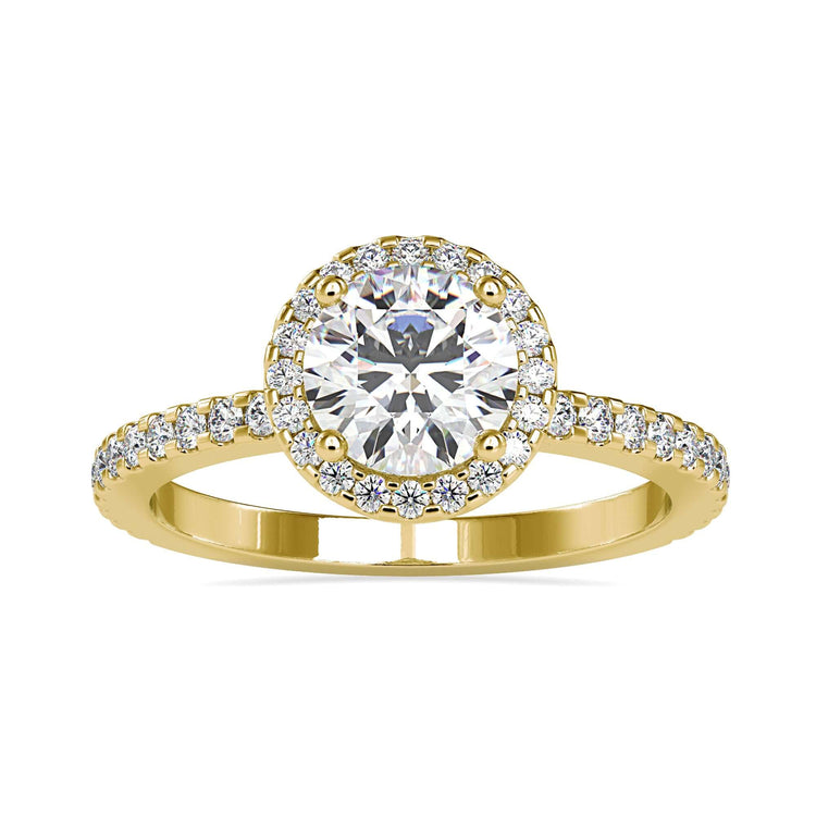 Hidden halo engagement ring with round cut diamond centre.