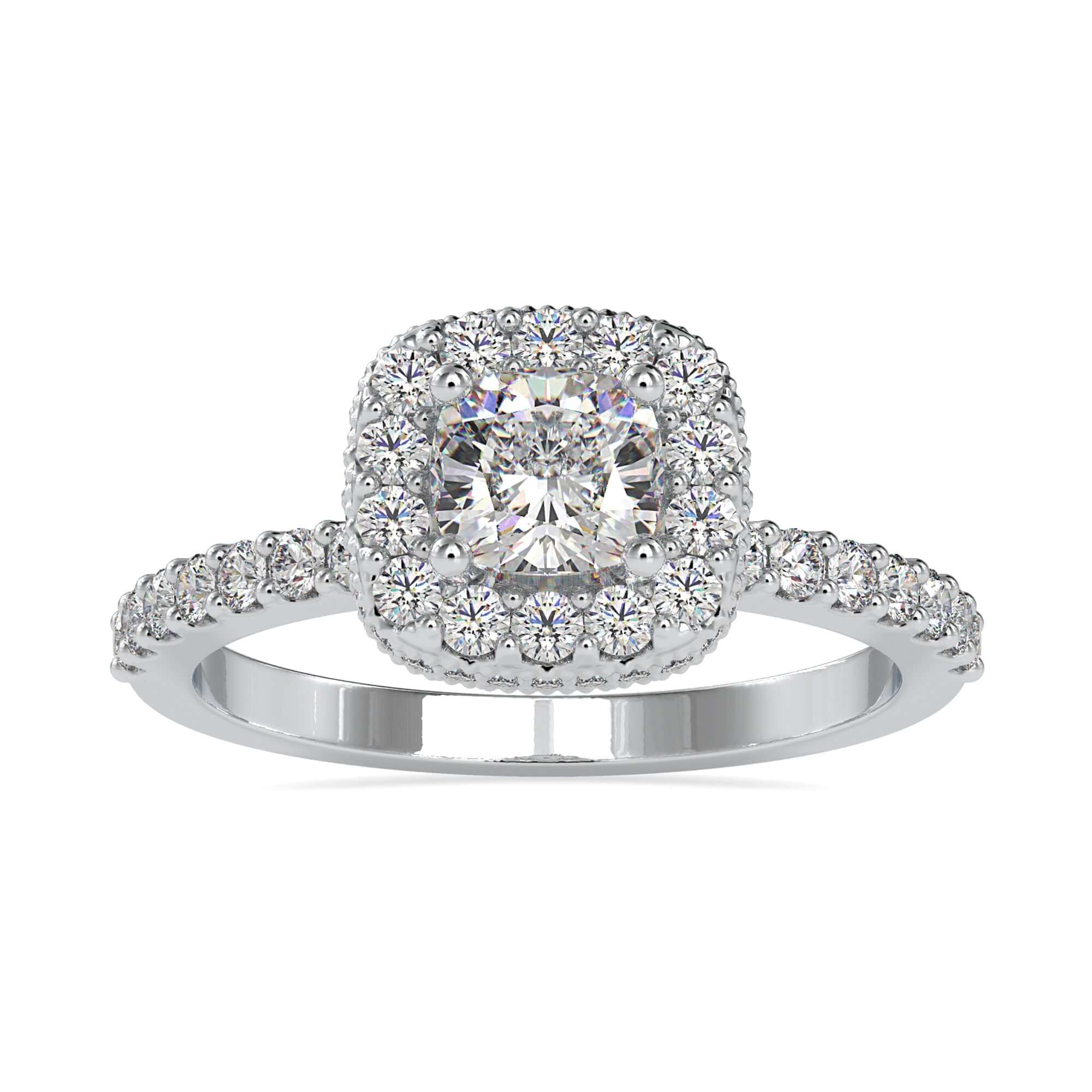 Buy engagement ring with halo cushion centre and side details.