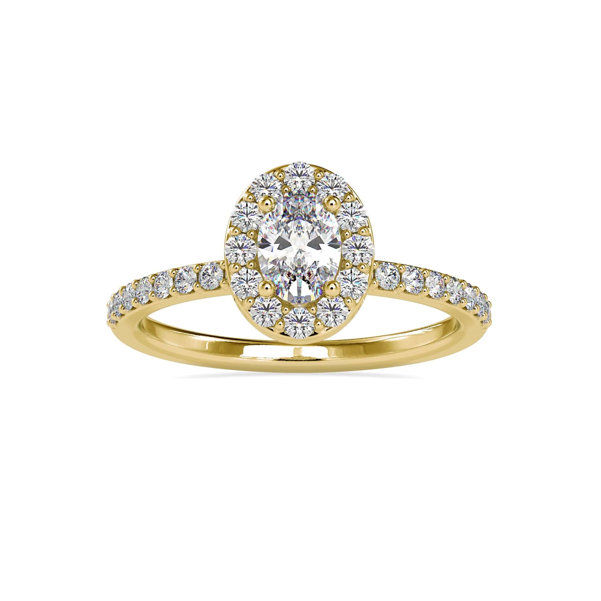 Buy engagement ring with oval diamond and halo mount.