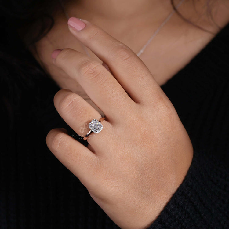 Halo engagement rings crafted with igi certified diamonds in a radiant cut diamond ring design.