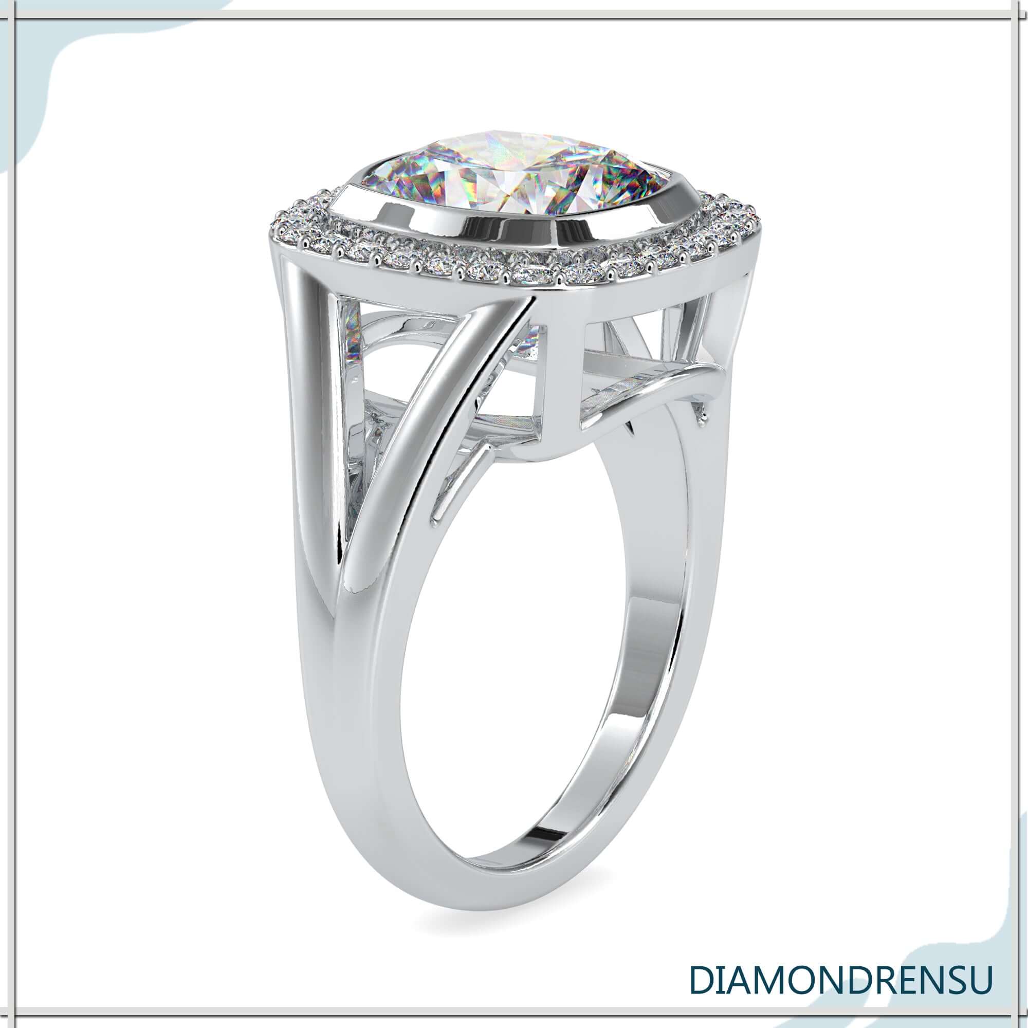 Cushion diamond halo ring with IGI certified lab grown stone.