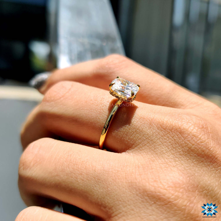 Buy moissanite ring with hidden halo and prong setting.