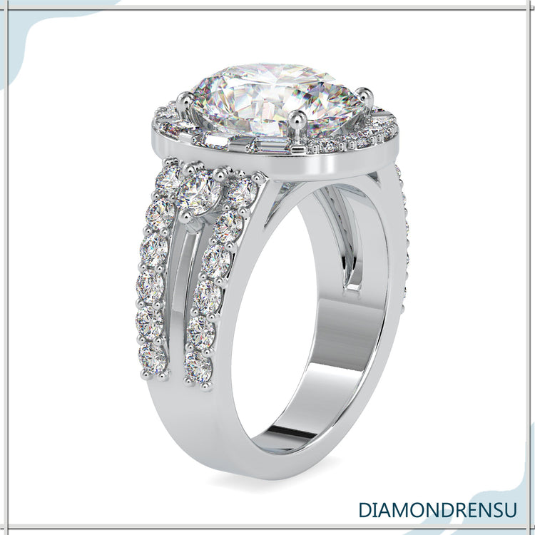 Rose gold wedding ring with split shank pave band.
