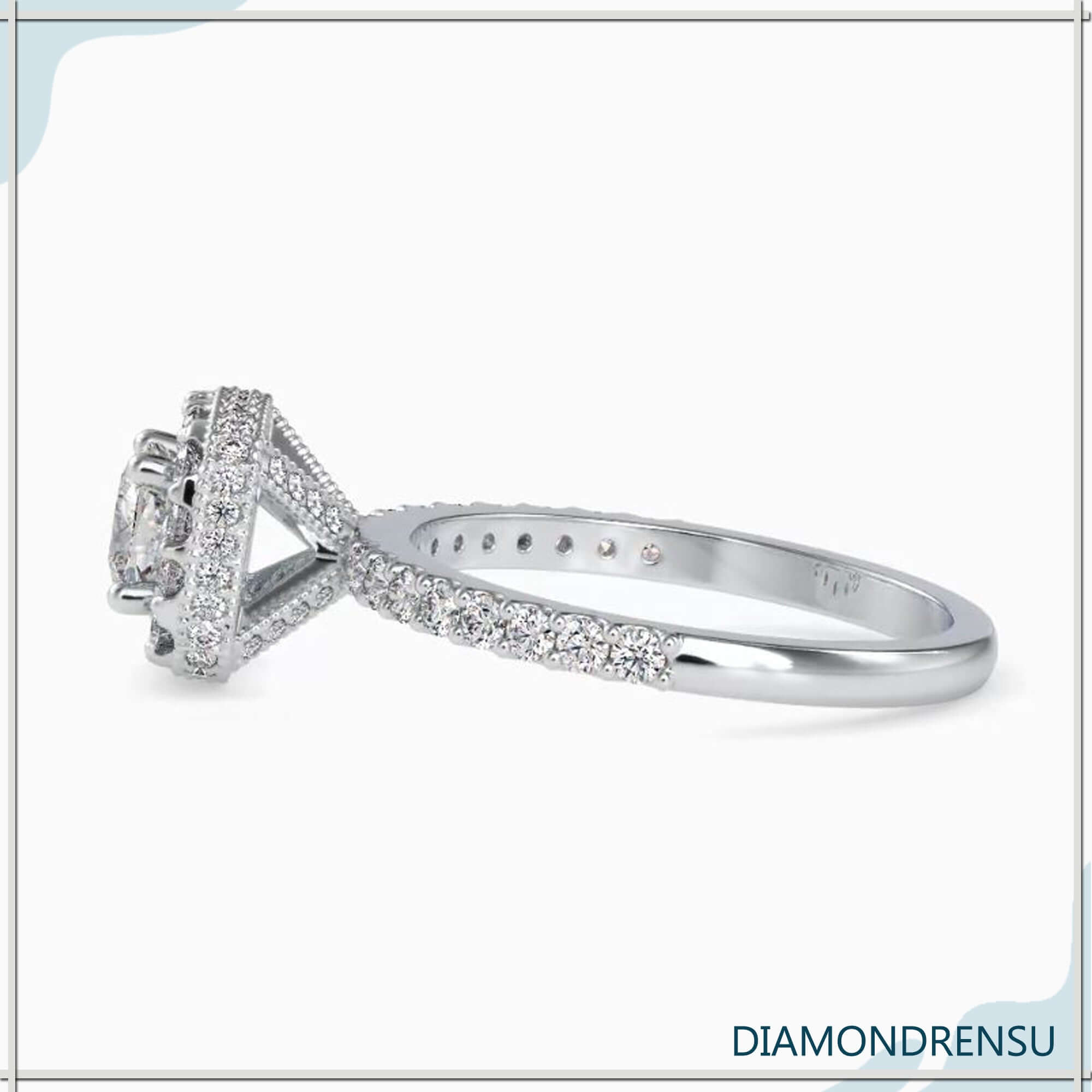 Custom engagement ring featuring cushion diamond and IGI certificate.