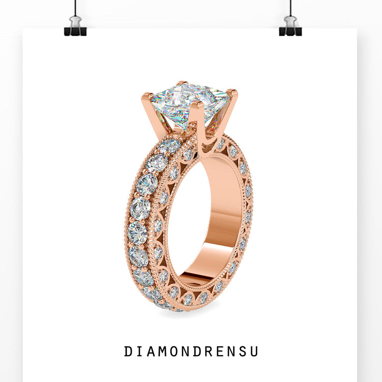 Milgrain ring featuring handmade pave details in rose gold.