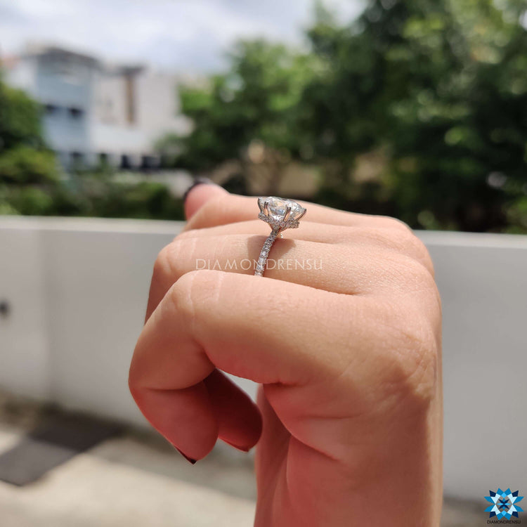 Buy handmade moissanite engagement ring with hidden halo.