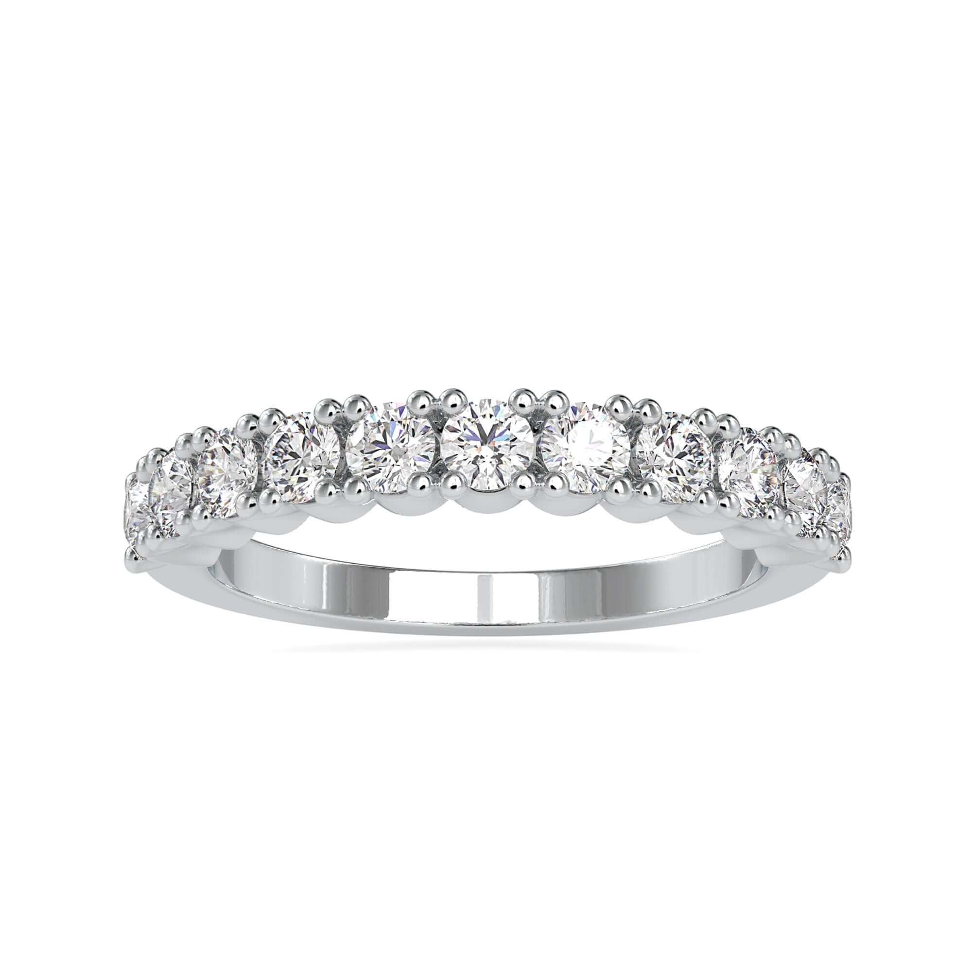Shared prong diamond band in white gold with simple look.