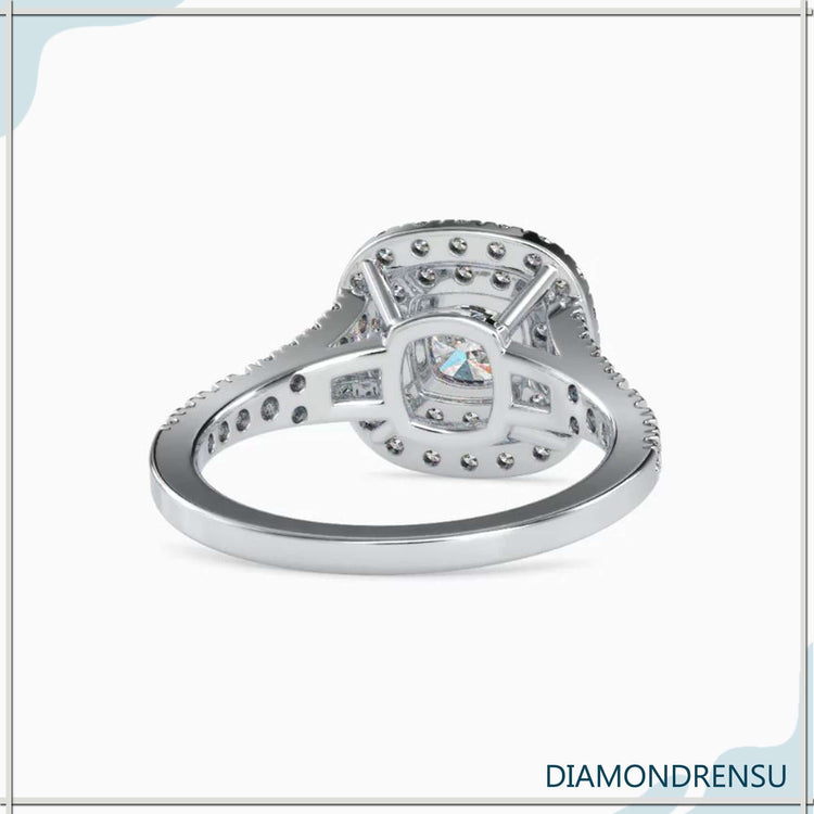 Buy engagement ring with double halo and lab grown cushion diamond.