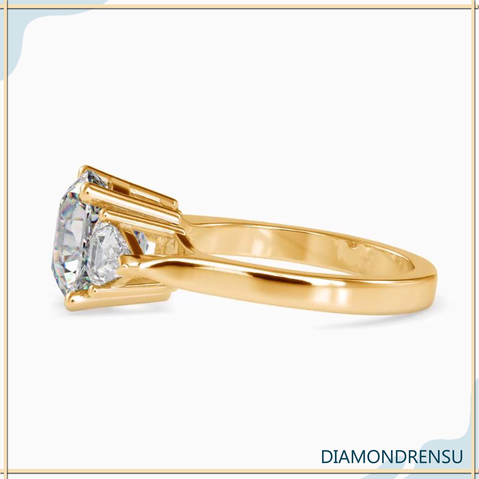 Cushion and kite diamond ring with four prong mount in white gold.