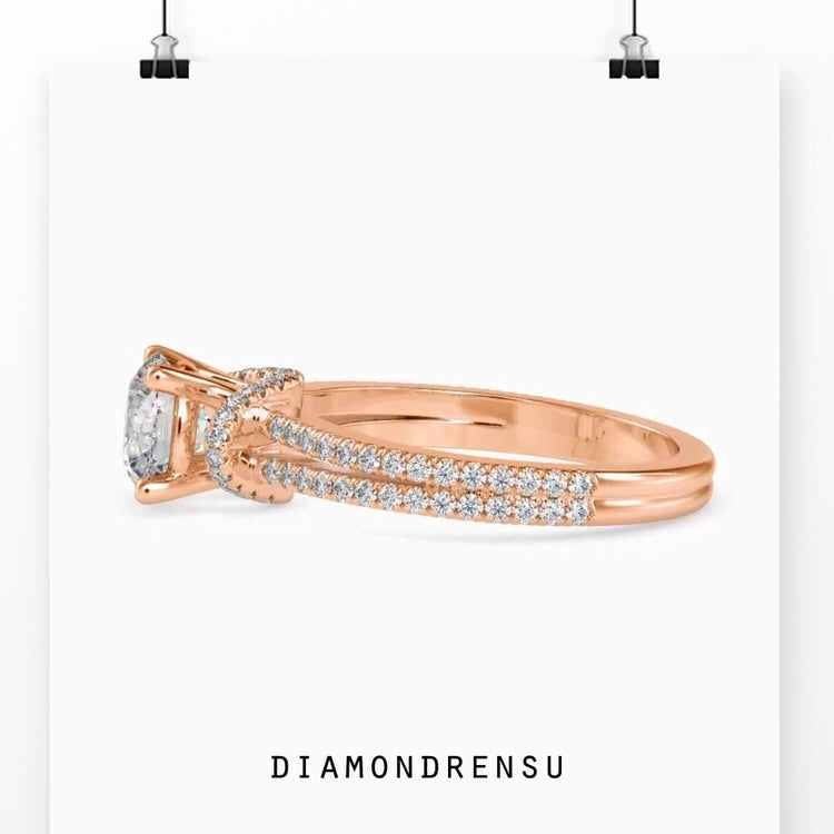 Rose gold ring with pave setting and round diamond centre.