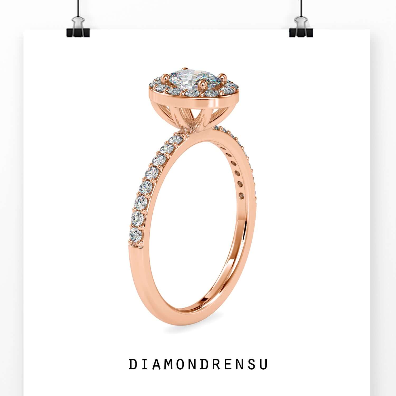 White gold oval ring with pave band and custom mount.