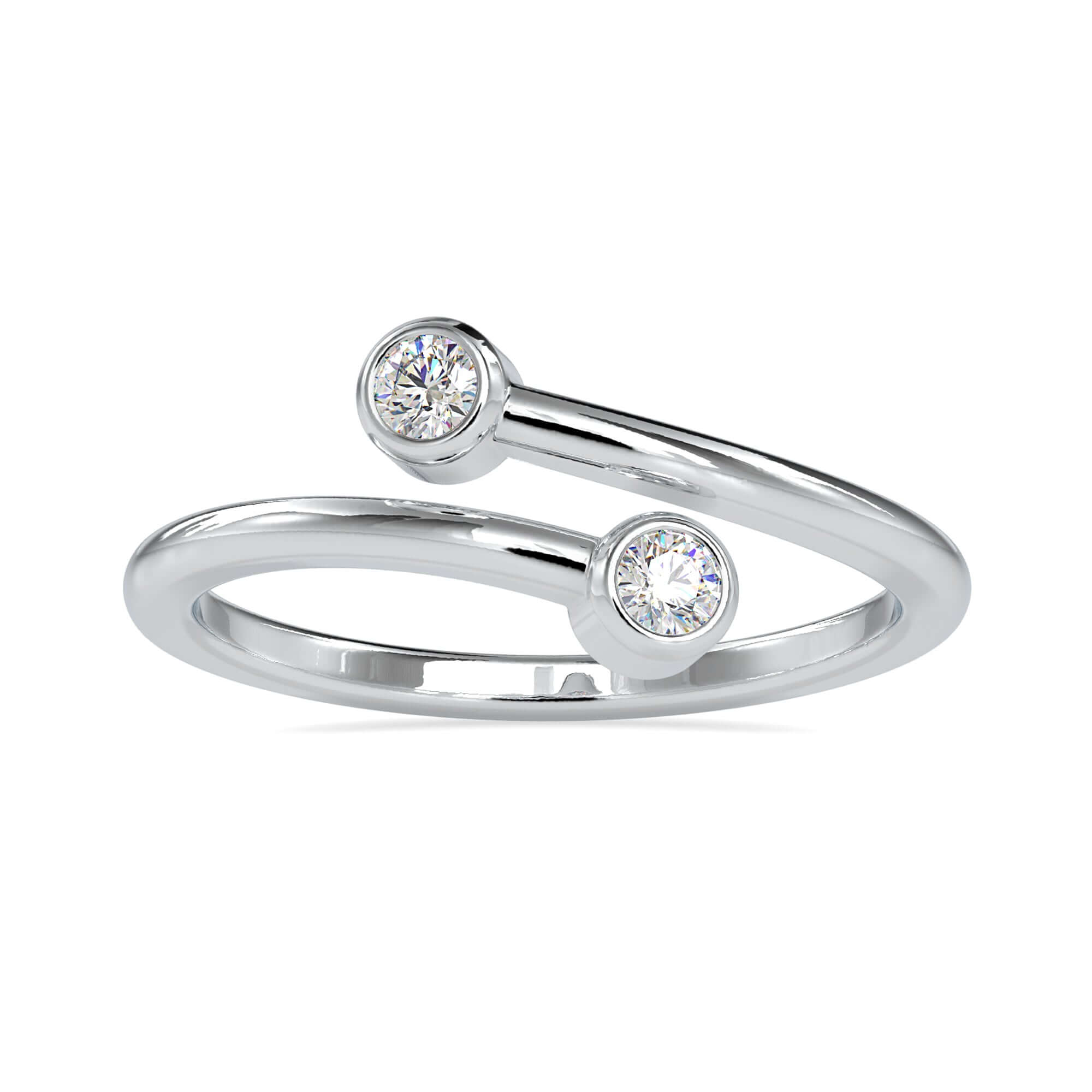 Yellow gold wedding band with two bezel set diamonds.