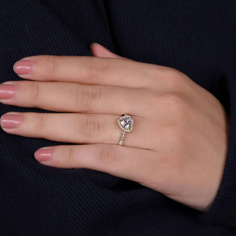 Pave ring with heart shaped halo and Lab Grown Diamond for a sustainable yet luxurious engagement ring for women.